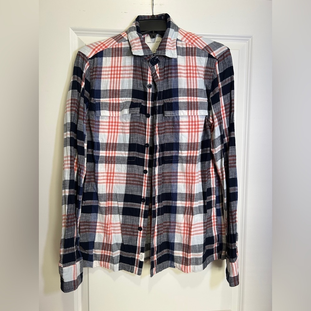 American Eagle Outfitters Blue and Orange Casual Button Down Shirt